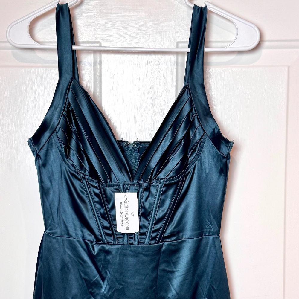 NWT Teal Satin Mini by Windsor w/ Pleated Corset Bodice, Size Small